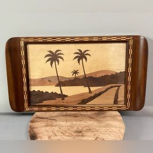 🟤 Vintage - Handmade Wood Art Inlaid Tray w/ Glass Top - Bonatto Style/Palm Tree